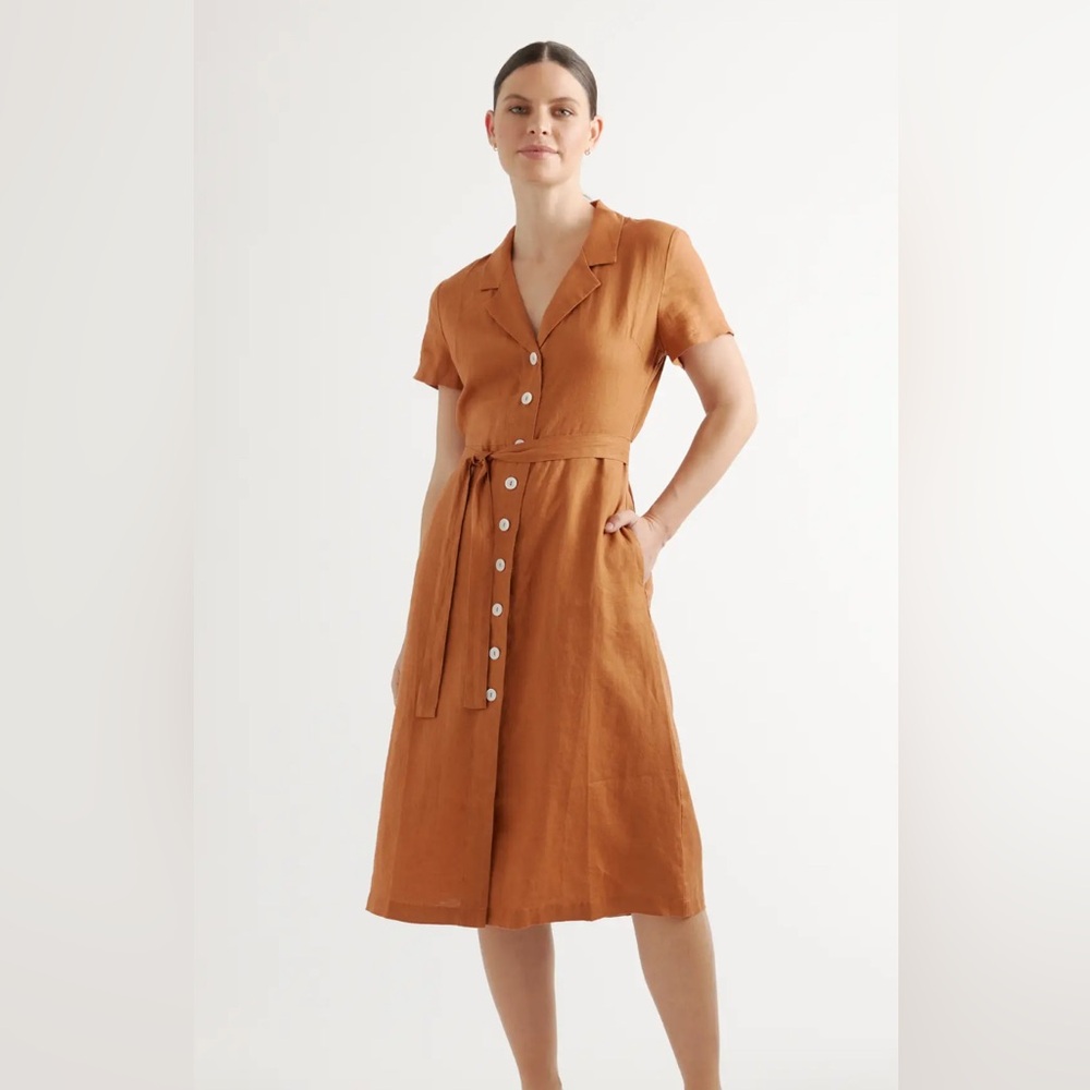 Women's Quince Small 100% European Linen Button Front Dress Terracotta